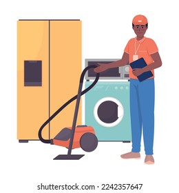 Seller consultant 2D vector isolated illustration. Household appliance store. Electronic goods. Male flat character on cartoon background. Colorful editable scene for mobile, website, presentation