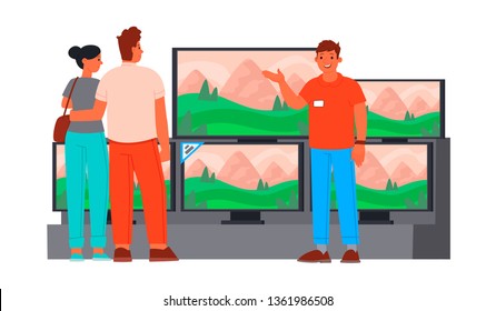 Seller consultant in the consumer electronics store shows a new TV young couple. Buyers purchase equipment. Vector illustration in flat style