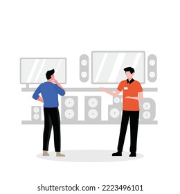 Seller consultant in the consumer electronics store shows a new TV to young man. Buyers purchase equipment electronic. Vector illustration in flat style