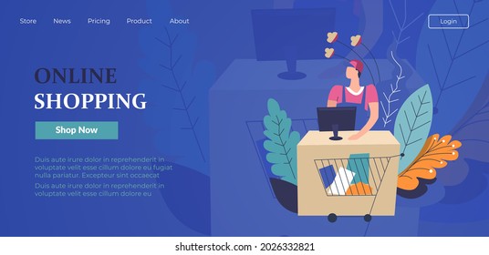 Seller or consultant of online shop sitting by computer taking order of clients and customers. Internet business and marketplace for trade. Website or webpage template, landing page flat vector