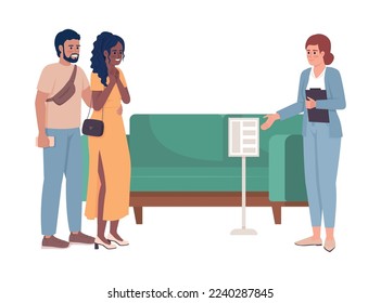 Seller consultant showing couch 2D vector isolated illustration. Young couple buying furniture flat characters on cartoon background. Colorful editable scene for mobile, website, presentation