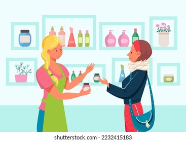 Seller cosmetic shop woman character assistant, female buyer purchase healthy skin care cream, perfumery boutique flat vector illustration.