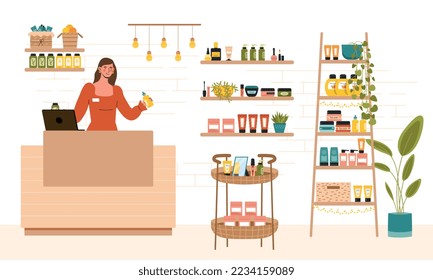 Seller in cosmetics shop. Young person in store at counter. Skin care and spa treatments. Gels, sprays and creams. Beauty and hygiene. Poster or banner for website. Cartoon flat vector illustration