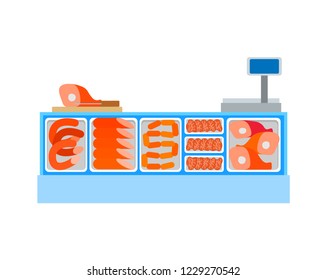 Seller counter full of butchery food products meat and sausages. Ham and chicken legs, bbq and sirloin, cash desk with monitor vector icon in flat style