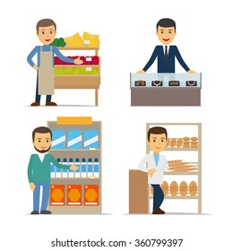 Seller at the counter vector illustration. Jewelry, bread and grocery store.