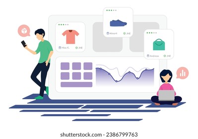Seller and customer in colorful e-commerce online shopping scene. Flat, minimalist design with a clean aesthetic, representing e-commerce, business, and market interactions in shades of purple.