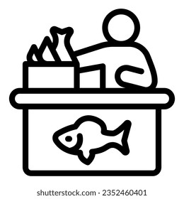 Verkäufer in Fischläden Linie Symbol, Fischen Konzept, Fischmarkt mit Verkäufer und Meeresfrüchte Zeichen auf weißem Hintergrund, Supermarkt Fisch-Ikone Umriss Stil. Vektorgrafiken.