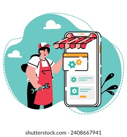 The seller is fixing the settings of her e-commerce store illustration