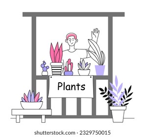 Seller at flea market line concept. Man sells flowers and bouquets. Marketing and advertising, commerce. Floristry and botany, care of plants. Linear flat vector illustration