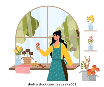 Seller at flowershop. Woman collects bouquets, her love for plants, nature and flowers, aesthetics and elegance. Young girl in store, owner of small business. Cartoon flat vector illustration