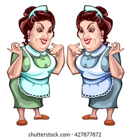 The seller of food gesturing by hands isolated on a white background. Vector cartoon close-up illustration.