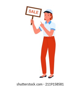 Seller girl pointing at sale board in her hand. Salesperson promoting shop offers, customer assistance flat vector illustration