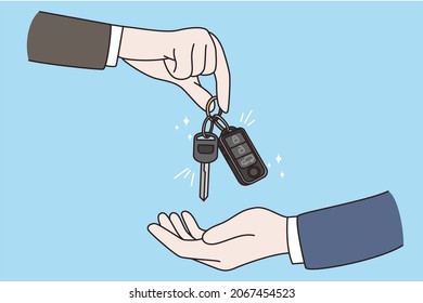 Seller give car keys to man buyer. Buying or renting new or used automobile in saloon or market. Auto dealer congratulate client with purchase. Rental or sale concept. Flat vector illustration. 