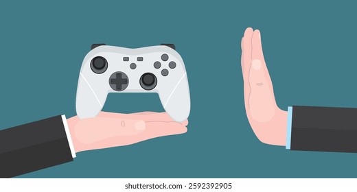 Seller give wireless gamepad. Human hand making stop gesture suspending online gaming and refusing to joystick. Stop cyber sport, customer or player not want playing video game. vector illustration