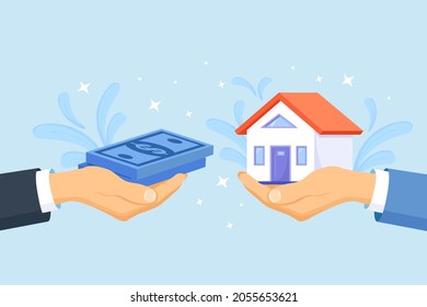 Seller Gives House to Customer. Buyer Brings Money Cash for Home Purchase Dealing, Mortgage. Real Estate Loan, Rent, Buying a property. Vector illustration