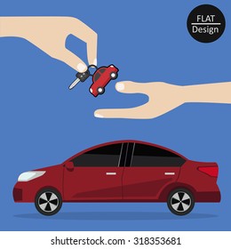 Seller giving the key to buyer and car in flat design . Vector illustration .