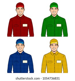 Seller guy with different colors suit pop art retro vector illustration. Color background. Comic book style imitation.