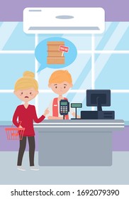 seller guy and worried customer with basket excess purchase vector illustration