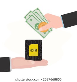 Seller hand give esim, buyer hand give banknotes, payment. Embedded sim card. Electronic sim phone new mobile communication technology. Digital card microchip smartphone gsm. Flat vector Illustration