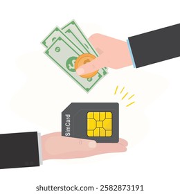 Seller hand give standard simcard with fast mobile tariff. Buyer hand give payment for sim card chip. Mobile communication technology, shopping process. Flat vector Illustration