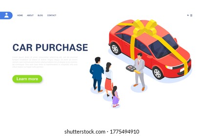 The seller hands the key to a young family from a new car in the dealership. Special car loan offer. Win a car in the lottery. Vector isometric illustration.