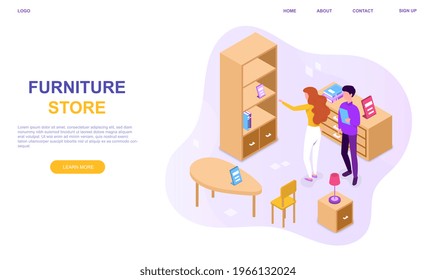 Seller help customer choose furniture for her living room. Flat abstract metaphor outline cartoon vector illustration concept design. Isolated on white background. Web page, landing page, ui template