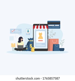 Seller with her laptop uploading item to a e-commerce platform to sell online vector illustration