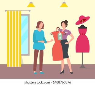 Seller holding hanger with dress and sale tag, woman shopping. Clothes and hat on dummy, dressing room, old collection, shopper and purchase. Vector illustration in flat cartoon style
