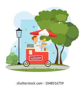seller of hot dogs with a mobile cart in the city park. vector illustration
