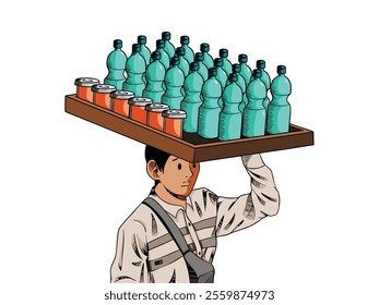 Seller of iced tea and bottled mineral water stored on a tray above his head