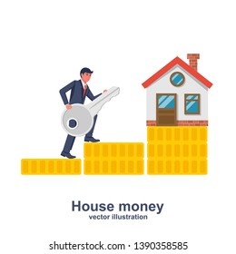 The seller with the key runs on a stack of coins for sale at home. House keys in hand seller. Vector illustration flat style. Template for sale, rent home.
