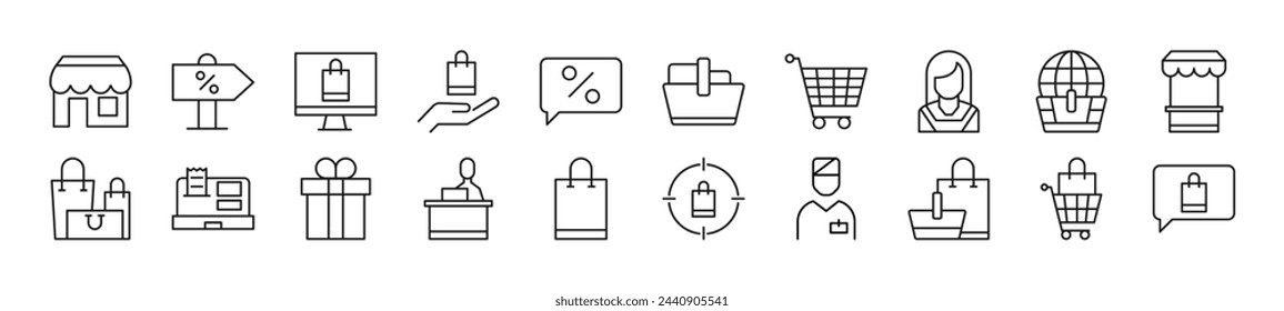 Colección de iconos vectoriales lineales del vendedor. Trazo editable. Ilustración lineal simple para sitios web, periódicos, libros de artículos