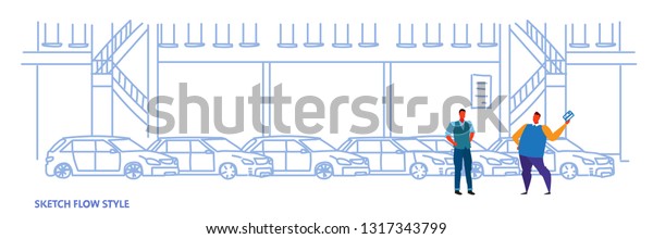 seller man with\
buyer car purchase sale or rental concept cars dealership center\
showroom building interior sketch flow style full length horizontal\
banner vector\
illustration