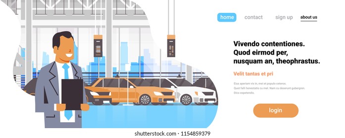 Seller man cars dealership center showroom interior over set new modern vehicles horizontal banner flat copy space vector illustration