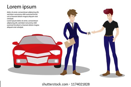 Seller man cars dealership.Sale of a new car.Car showroom. Purchase sale or rental car.Seller man hands over the keys of the car owner.Character design set.cartoon Style design.Vector illustration.