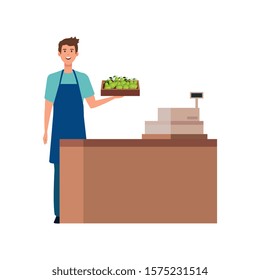 seller man design, shop store market shopping commerce retail buy and paying theme Vector illustration