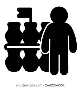 Seller man with jugs and flag solid icon, pottery making concept. Vector graphics. Human with tableware shelf sign on white background, style mobile or design
