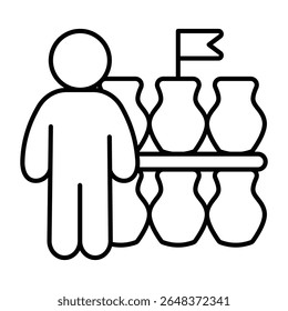Seller man with jugs and flag thin line icon, pottery making concept. Vector graphics. Human with tableware shelf sign on white background, style mobile or design