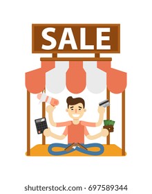 Seller man on marketplace icon. Shopping in supermarket, retail vector illustration in flat design.