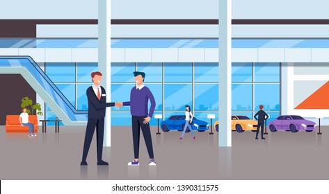 Seller man shaking hand with consumer client character. Cars shop store concept. Vector design flat graphic cartoon illustration