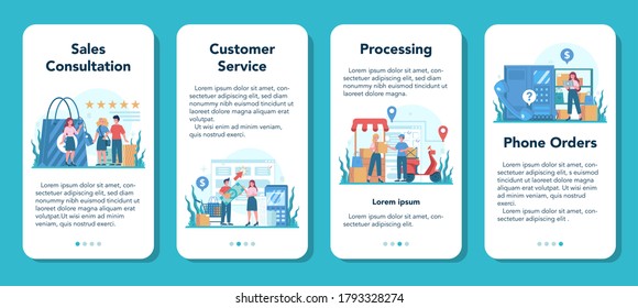 Juego de banners de aplicación móvil para vendedores. Trabajador profesional en el supermercado, tienda, tienda. Servicio de cliente, procesamiento de pedidos, pedido telefónico. Ilustración del vector