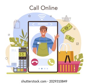 Seller Online Service Or Platform. Professional Worker In The Supermarket, Shop, Store. Client Service, Payment Operation. Online Call. Flat Vector Illustration