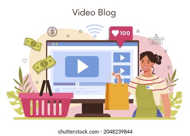 Seller online service or platform. Professional worker in the supermarket, shop, store. Client service, payment operation. Video blog. Flat vector illustration