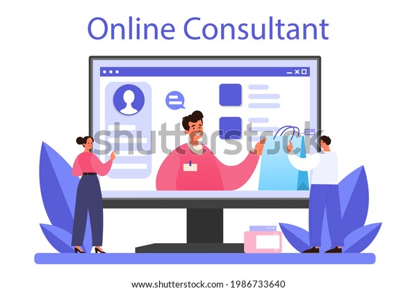 Seller online service or platform.\
Professional worker in the supermarket, shop, store. Cash\
accounting and client service. Online consultant. Vector\
illustration