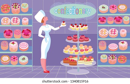 The seller in the pastry shop proudly demonstrates the goods. In the room showcases with cakes