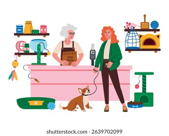 Seller in a pet store. Woman with a dog on a leash buys pet food. Pet accessories and toys store.Houses for cats and dogs. Pet food. Cans on the shelves. Vector in cartoon style