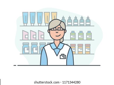 The seller in a pharmacy or beauty store. A woman sells medicines and pills. Pharmaceuticals and sale of medicinal preparations, pills and tablets. Modern line style vector illustration.