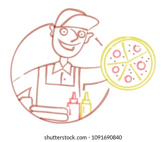 Seller of pizza hand drawn with felt-tip pen cartoon