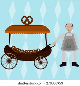 Seller pretzels and cart, flat design