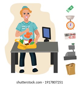 Seller puts the goods at the checkout. . Professions, character and items for his work. Development of children's education. Education game. Exercise for preschoolers.Vector flat cartoon illustration.